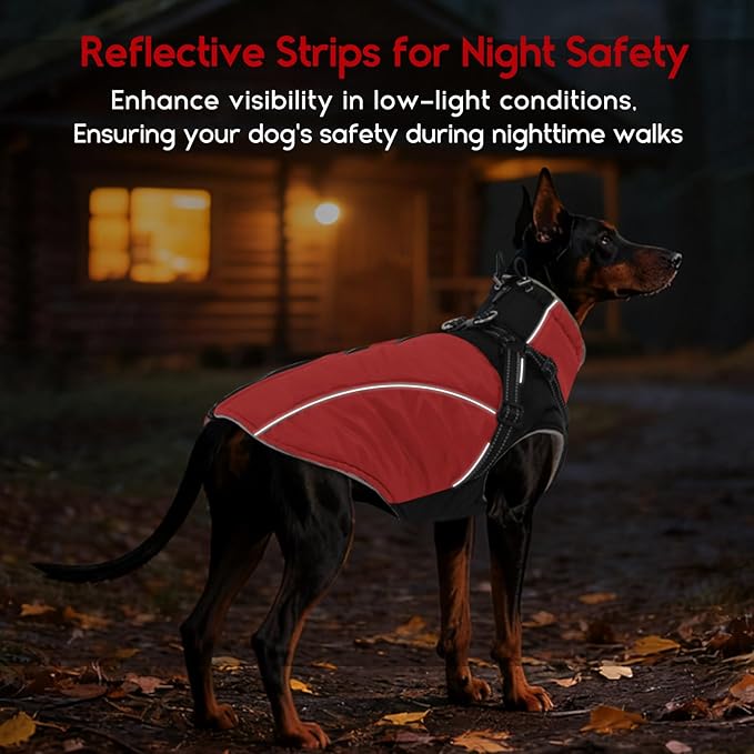 ASENKU Reflective Dog Coat with Built-in Harness, Windproof Fleece-Lined Dog Jacket for Small, Medium, Large Dogs, Warm Winter Vest with Turtleneck & Zipper (Red XL)