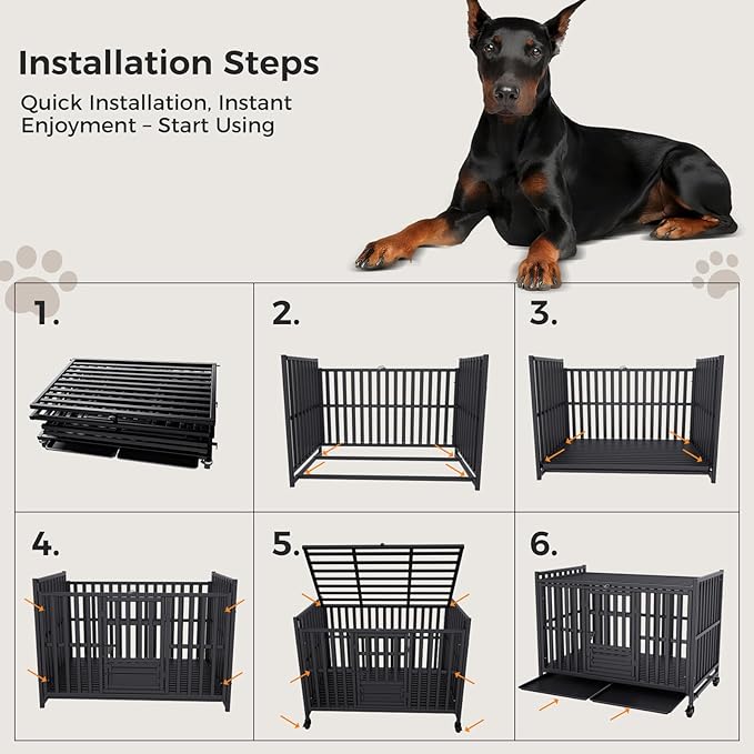 Heavy Duty Dog Crate, Escape-Proof Indestructible Cage for High-Anxiety Dogs, 3-Door Kennel with 4 Lockable Wheels and 2 Removable Trays Ideal for Large & Medium Breeds (49in)