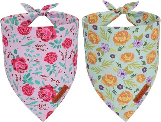 ADOGGYGO Floral Dog Bandana, Red Yellow Rose Pet Scarf, Adjustable Fit Flower Bandanas for Medium Large Dogs Pets (Large)