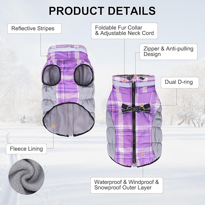 BEAUTYZOO Dog Winter Coat with Harness Built in, Reflective Plaid Puffer Vest Waterproof for X-Large Dogs, Fleece Warm Puppy Zipped Jacket with D Ring, Pet Cold Weather Sweater Clothes, Purple XL