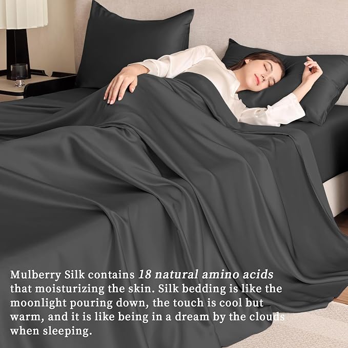 THXSILK Silk Sheet Set 5Pcs, 6A+ Top Grade 100% Pure Mulberry Silk Bed Sheets, Ultra Soft Durable Luxury Bedding Sets, 2 Fitted Sheet, 1 Flat Sheet and 2 Pillowcases (Split King, Black)
