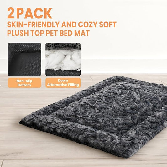 2 Pack Washable Dog Bed for Large Medium Small Dogs, Deluxe Plush Dog Crate Mat with Anti-Slip, Washable Orthopedic Durable Kennel Pad for Pet Sleeping Puppy (Dark Grey, 29"*21"*1.5")