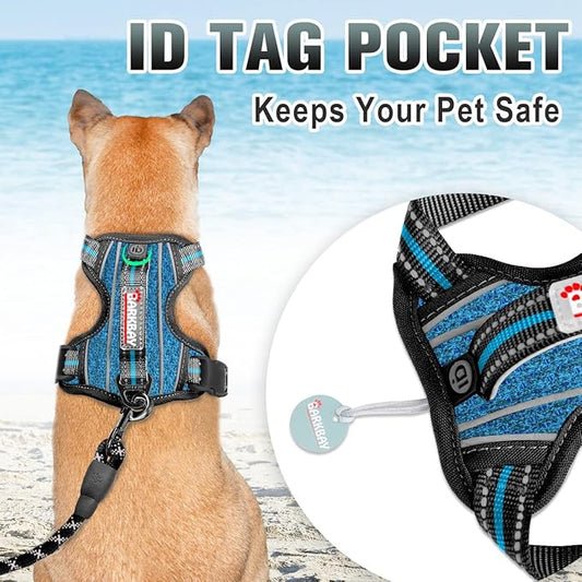 BARKBAY No Pull Dog Harness Large Reflective Dog Harness with Front Clip and Easy Control Handle for Walking Training Running with ID tag Pocket(Blue/Black,L)
