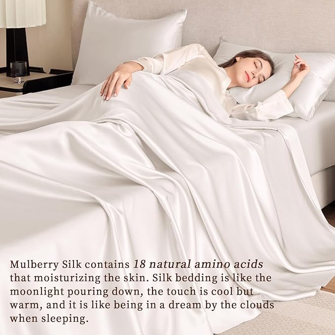 THXSILK Silk Sheet Set 5Pcs, 6A+ Top Grade 100% Pure Mulberry Silk Bed Sheets, Ultra Soft Durable Luxury Bedding Sets, 2 Fitted Sheet, 1 Flat Sheet and 2 Pillowcases (Split King, Pearl White)