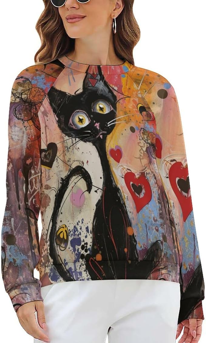 Biacolum Long Sleeve Shirts for Women Mid Century Retro Style Atomic Cat 3D Graphic Sweatshirts Fall Crewneck Pullover Top
