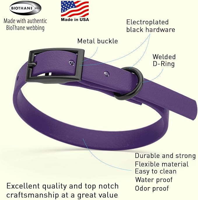 Dogline Biothane Coated Webbing Dog Collar with Black Metal Hardware: Durable Easy-Clean Everyday Collar for Dogs - Comfortable Adjustable Odor-Resistant Pet Collar, W1/2" x L9-12, Violet Purple