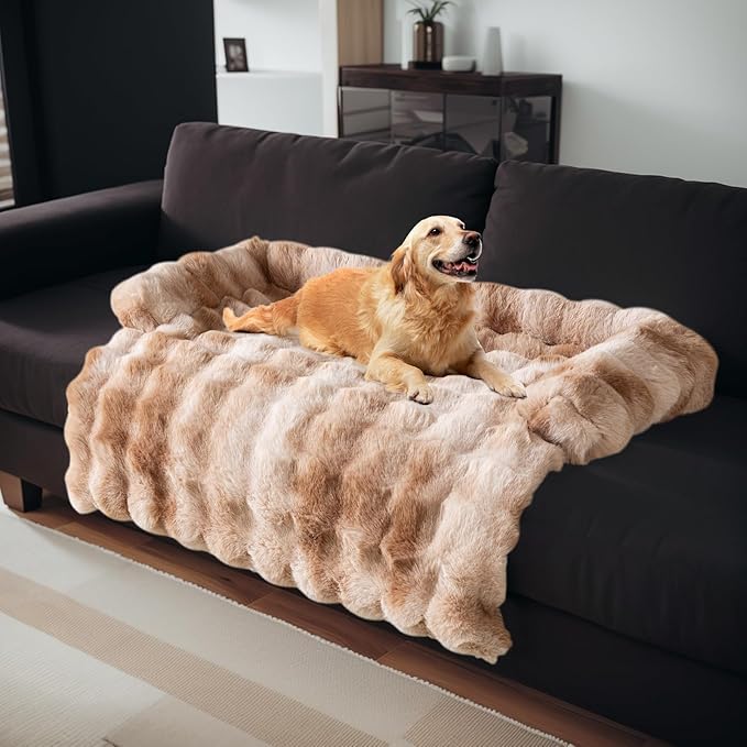 LiveGo Fuzzy Calming Dog Sofa Bed Mat, Washable Plush Couch Cover for Pets, Furniture Protector with Anti-Slip Bottom (Tie-dye Brown, 35.4"*35.4")