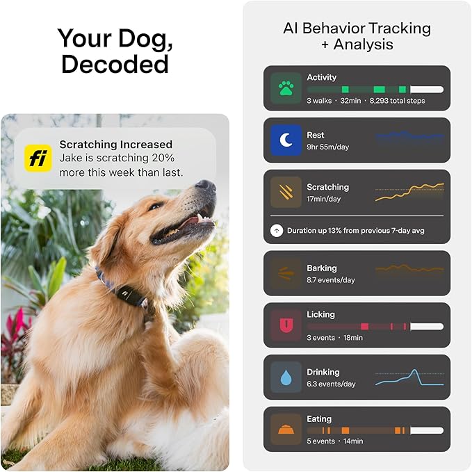 New Fi Series 3+ Smart Dog Tracker Collar [6 Month Membership Included] GPS Tracker for Dogs with Health & Behavior Monitoring, Escape Alerts, Waterproof, LED, Apple Watch Compatible (Gray, Small)