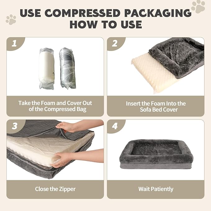 Dog Bed Waterproof Medium/Large Sized XL Foam Pet Beds Removable Washable Cover Dog Sofa Egg Crate Foam Support with Zipper Bottom Bolster Deluxe Plush Mat (38.2x30.3x7.5in+Grey)