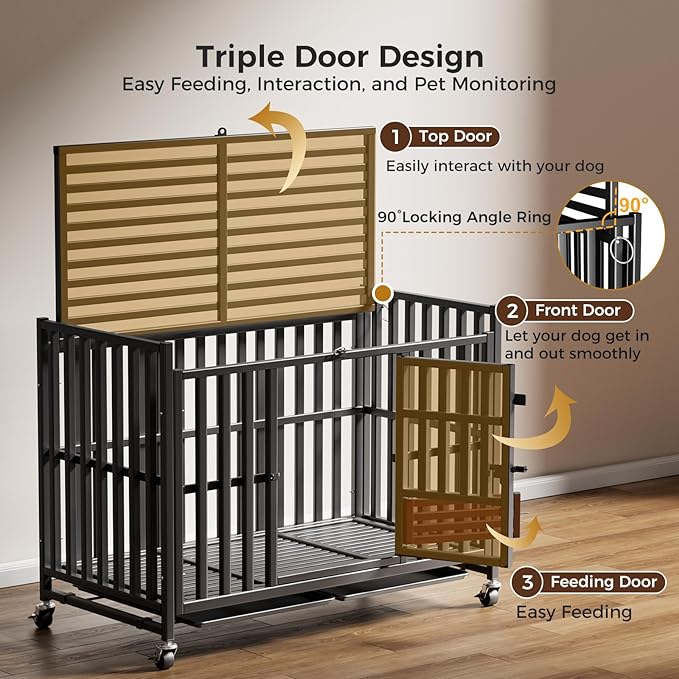 Heavy Duty Dog Crate, Escape-Proof Indestructible Cage for High-Anxiety Dogs, 3-Door Kennel with 4 Lockable Wheels and 2 Removable Trays Ideal for Large & Medium Breeds(43 Inch)