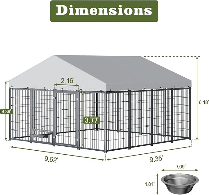 Dog Crate Dog Kennel Outdoor W/Roof,Large Dog Cage W/Adjustable Height Rotating Feeder & 2 Stainless Steel Bowls,Dog Pens Outside W/Double Door Lock,for Yard,Black(9.62x9.35x6.18 FT)