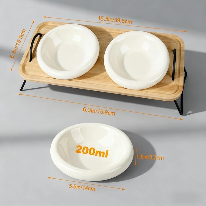 Raised Cat Ceramic Bowls with Wood Stand Kitty Elevated Bowls for Food and Water with Tilted Design Anti-Vomiting, Pet Bowl Set with Stainless Steel Base for Cats and Puppy by TDTOK ﻿