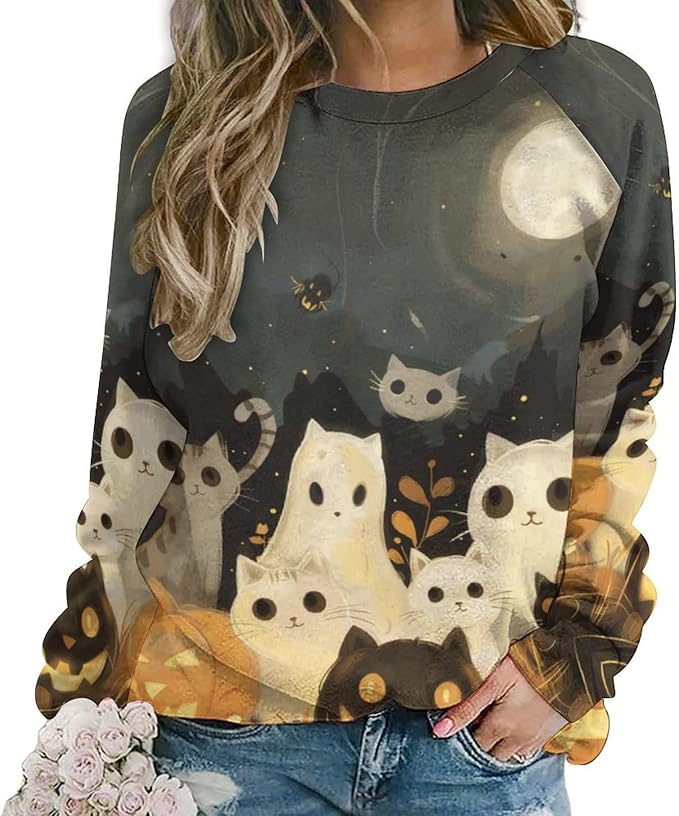Womens novelty funny cat printed crewneck sweatshirt casual loose long sleeve graphic pullover sweatshirts tops
