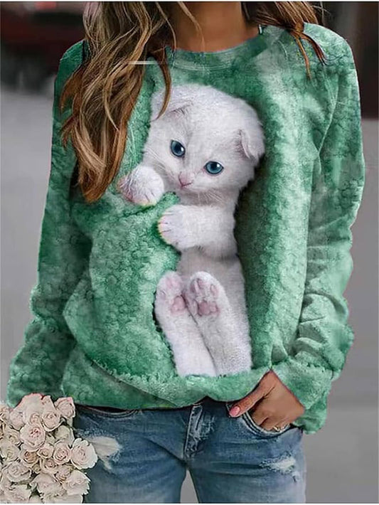 IVERIRMIN Women's 3D Cute Cat Print Sweatshirt Casual Long Sleeve Crewneck Cute Cat Pullover Loose Fit Shirts