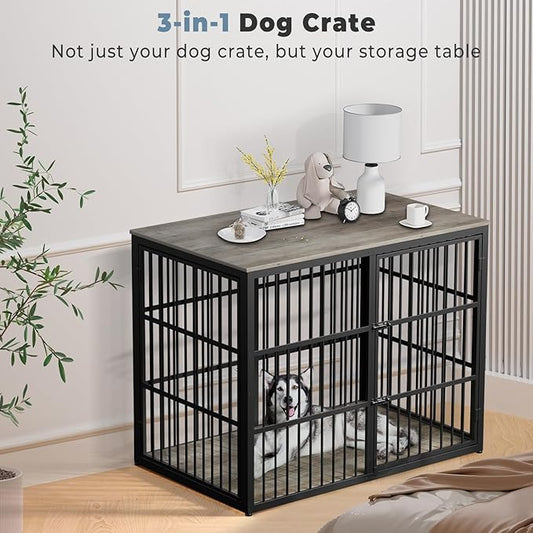 Lyromix 48'' XXL Dog Crate Furniture with 3 Doors, Wooden Crate End Table Heavy Duty Indoor Combination Cage for Medium to Large Dogs, Multiple Units Can be Combined, Grey