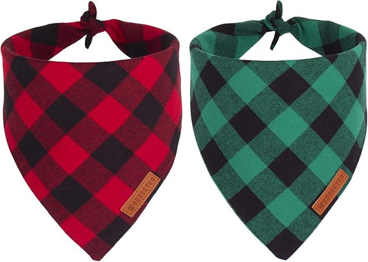 ADOGGYGO Christmas Dog Bandanas 2 Pack, Premium Cotton Fabric, Multiple Sizes Offered, Red Green Plaid Bandanas for Medium Large Dogs (Large, Xmas)