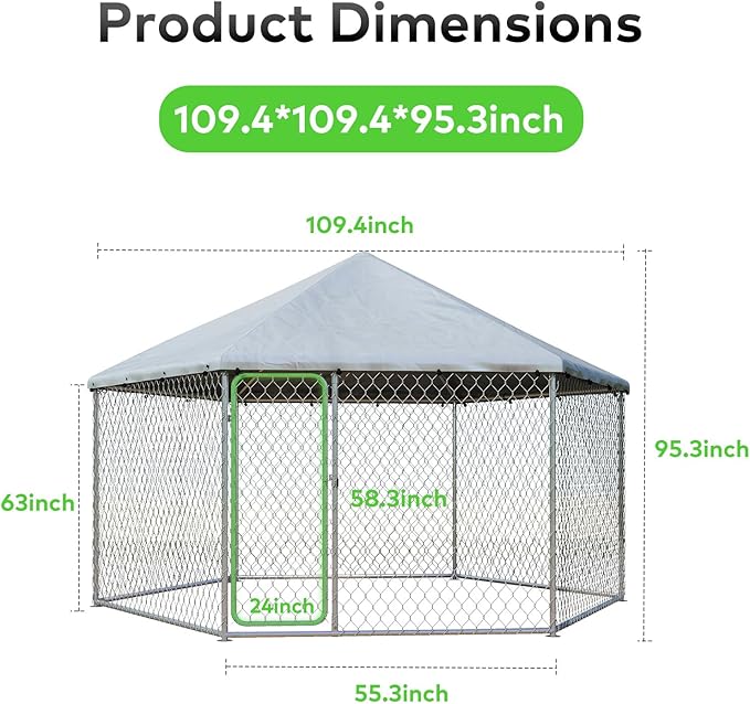 9.1x9.1 FT Large Outdoor Dog Kennel Outside, Heavy-Duty Galvanized Wire Mesh Dog Enclosure with Waterproof Cover & Secure Lock, Hexagonal Cage for Large Dogs