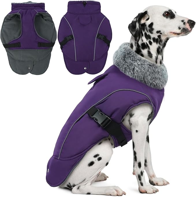 DENTRUN Winter Warm Dog Coat Reflective Jacket with Turtleneck for Cold Weather, Adjustable Buckle Windproof Water Repellent, Thick Snowsuit Fleece Vest for Small, Medium, Large Dogs, Purple, XXL