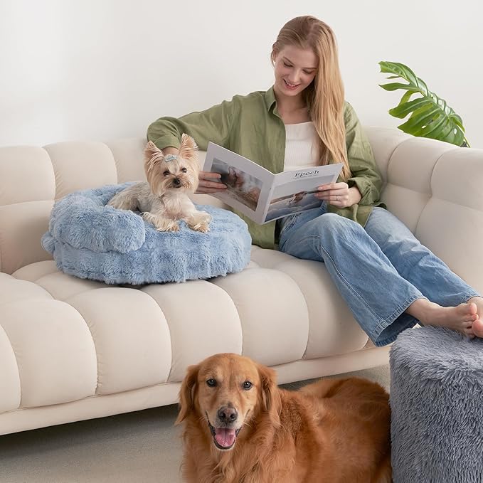EHEYCIGA Large Dog Bed Sofa – Fluffy Faux Rabbit Fur Pet Couch for Medium and Large Dogs, Washable Removable Cover, Waterproof and Non-Slip, 36 Inch, Baby Blue