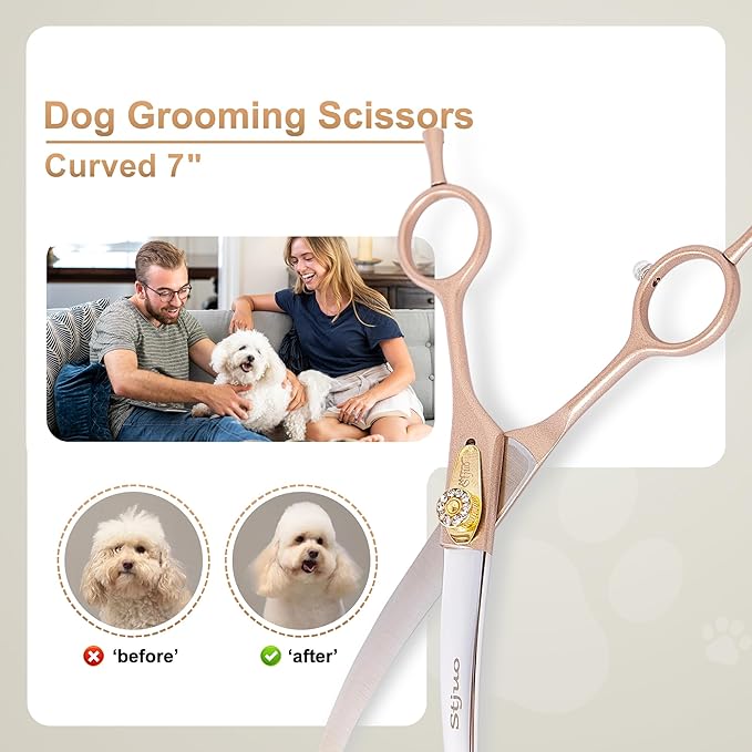 Professional Dog Grooming Scissors Rose Gold 440C Stainless Steel Straight Thinning Curved Chunker Shears for Pet Grooming Services Dogs and Cats (Curved, 7‘’)