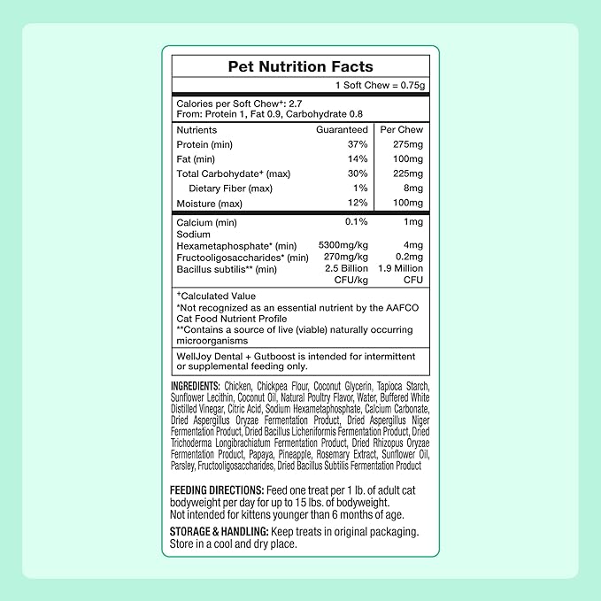WellJoy Cat Treat Dental+ GutBoost | Helps Reduce Tartar | Helps Freshen Breath | Dual-Benefit GutBoost Formulation | Vet Formulated | Made in USA | Made with Real Chicken | 120 Soft Chews