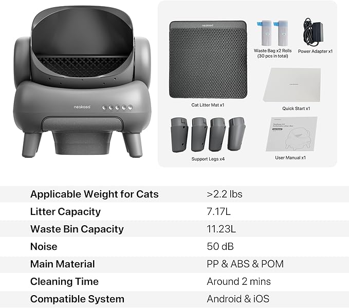 Neakasa M1 Open-Top Self Cleaning Cat Litter Box, Automatic Robot Cat Litter Tray with Remote APP Control, Odor-Free Waste Disposal Includes Trash Bags and Cat Litter Mat (M1 Model)
