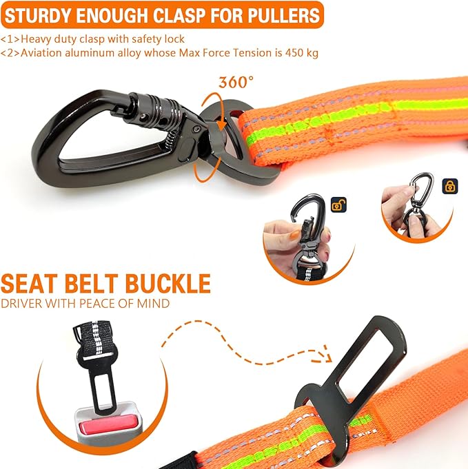 Heavy Duty Dog Leash Especially for Large Dogs Up to 150lbs, Reflective Dog Walking Training Shock Absorbing Bungee Leash with Car Seat Belt Buckle, 2 Padded Traffic Handle for Extra Control