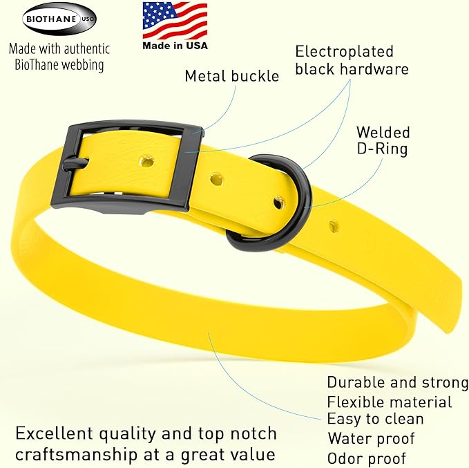 Dogline Biothane Coated Webbing Dog Collar with Black Metal Hardware: Durable Easy-Clean Everyday Collar for Dogs - Comfortable Adjustable Odor-Resistant Pet Collar, W3/4" x L15-18, Lemon Yellow