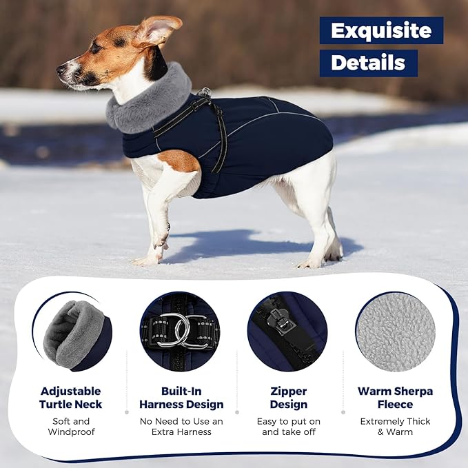 Queenmore Dog Jackets for Large Dogs, Dog Coat with Harness Built in,Waterproof Dogs Coats with Zipper On Back,Warm Fleece Lining Cold Weather Pet Coats with Furry Collar for Labrador,NavyBlue,L