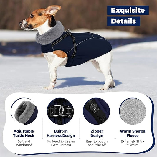 Queenmore Dog Coat,Windproof Dog Coat for Medium Dogs,Dogs Jackets with Harness Built in,Waterproof Doggy Coats with Zipper On Back,Reflective Cold Weather Coats for Dachshund,NavyBlue,M