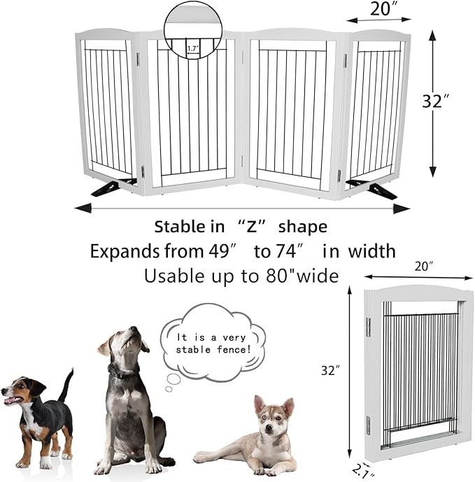 ZJSF Freestanding Dog Fence Indoor, Foldable Dog Gate for Doorways, Stairs or Hallways, Sturdy Wood Extra Wide Pet Gate with Support Feet for The House, White, 32 "Height-4 Panels
