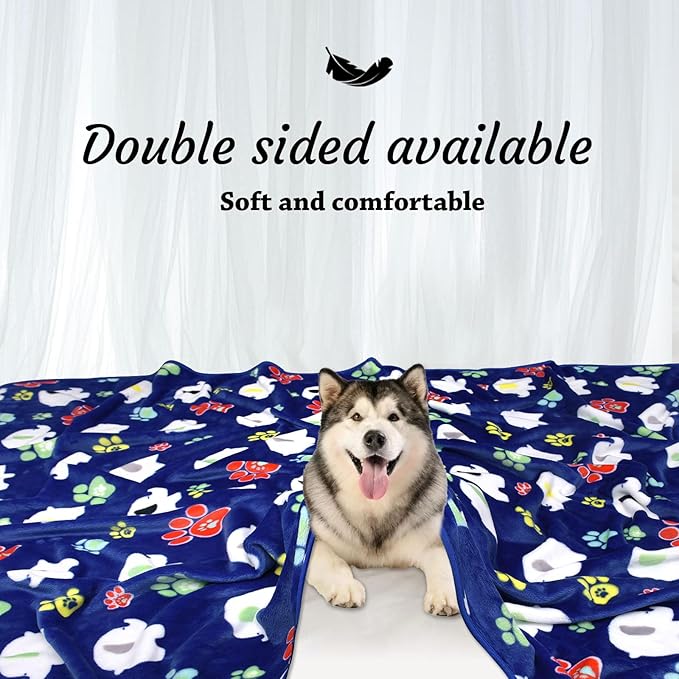 Rezutan Soft Fleece Dog Blanket, 60X50 inches, Blue Elephant Pattern and Paw Prints, Polyester, Breathable, Fade Resistant, Lightweight, Machine Wash