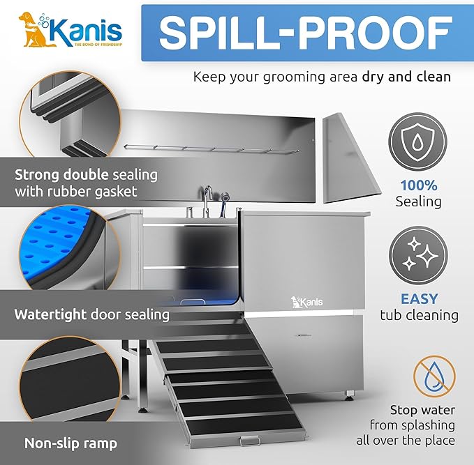 KANIS - 50" Professional Stainless Steel Dog Bathing Station, Left RAMP + 49" Professional Electric Dog Grooming Table, White
