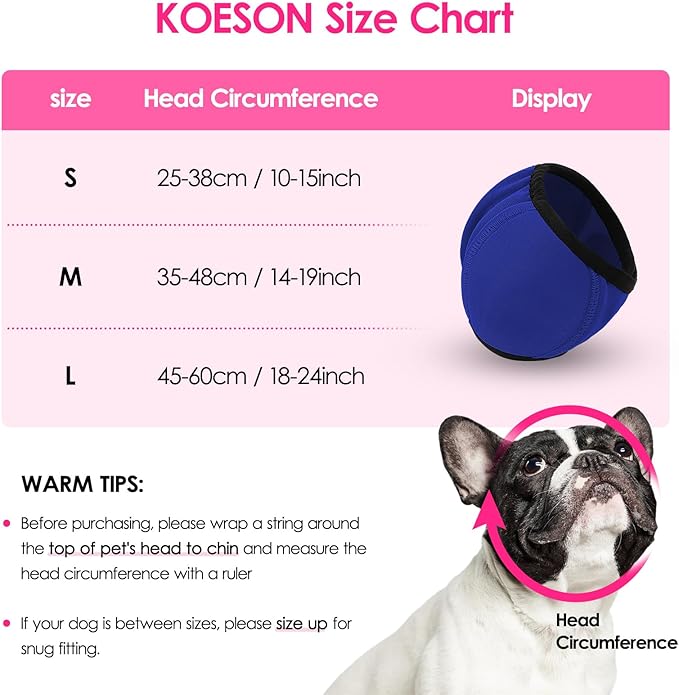 KOESON Dog Calming Hoodie - No Shake Ear Wraps for Dogs, Anxiety Relief & Noise Protection, Water Resistant Pet Ear Cover Muffs for Firework, Grooming, Thunderstorms, Swimming, Bathing, Royal Blue L