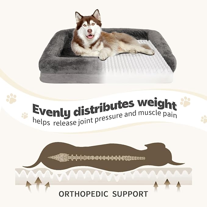 Dog Beds Waterproof Medium/Large Sized XL Foam Pet Beds Removable Washable Cover Dog Sofa Egg Crate Foam Support with Zipper Bottom Bolster Deluxe Plush Mat (Grey+34.6x26x7.5in)