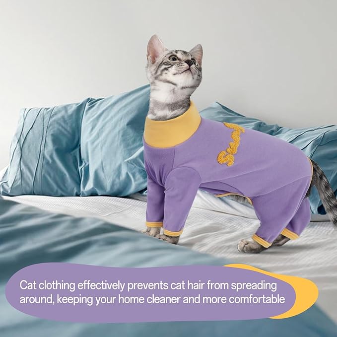T'CHAQUE Sticky Hair Cat Onesie Pajamas, Soft Long Sleeve Cat Clothes, Anti-Shedding, Surgery Recovery Suit, Wound Protection & Preventing Licking, Kitten Sweaters for Male & Female, Purple-M