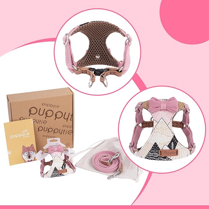 Puppytie No Pull Small Dog Harness with Multifunction Dog Leash,Lightweight Soft Adjustable No Choke Escape Proof Pet Harness Vest Pet Harness Vest,Suede Bow Pink,S