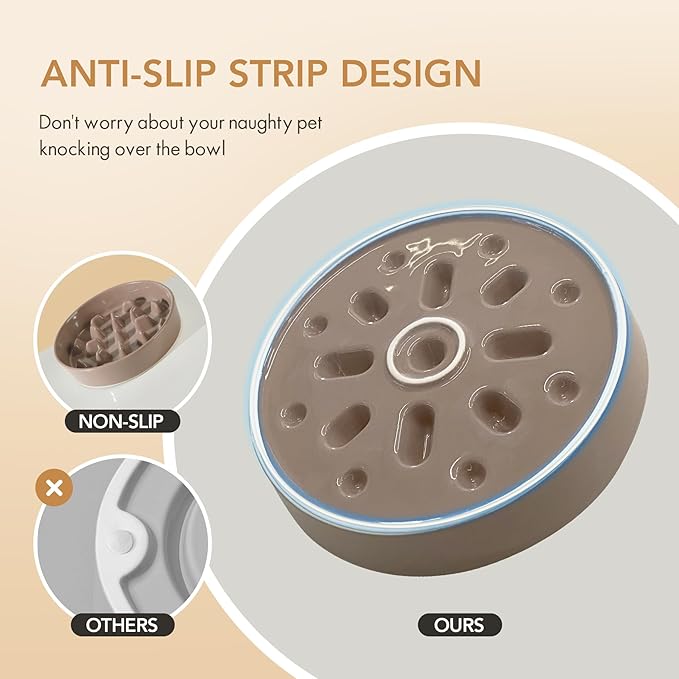 Ceramic 3.2 Cup Raised Slow Feeder Dog Bowl Set, Elevated 8.2inch Bowl and 9.5inch Slow Pet Food Dish with Wooden Stand for Large Dog (2 x Brown Coffee+ Stand)