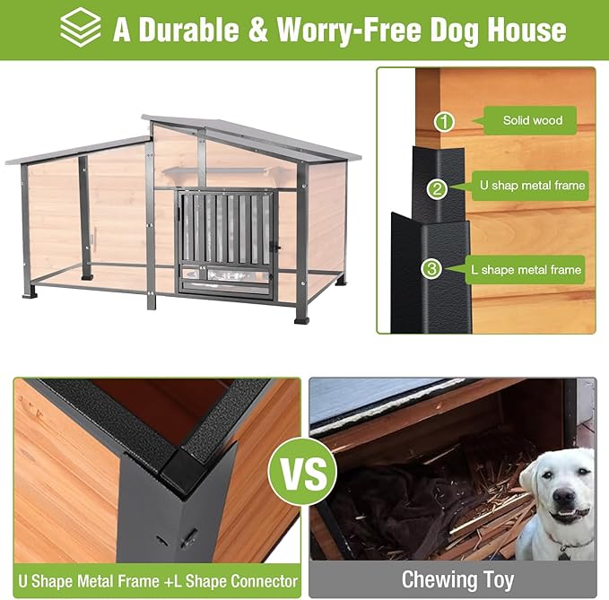 GUTINNEEN Heated Dog House Large Outdoor Insulated Dog Kennel Weatherproof Dog Shelter with Heated Pad, Insulated All-Round Thermal Liner, Chew-Proof Design for Dogs (Brown)