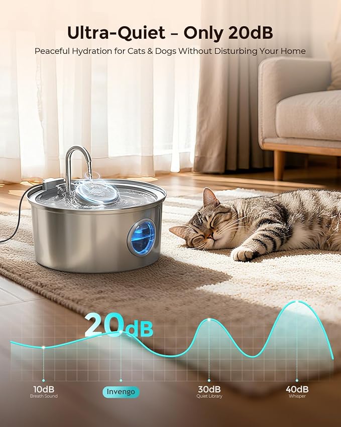 Invengo Cat Water Fountain Stainless Steel, 3.2L/108oz Pet Drinking Fountain for Cats Dogs, Automatic Cat Fountain with 2 Flow Modes, Splash-Proof Bowl