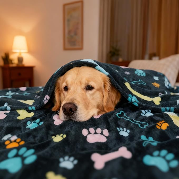 Rezutan Blanket for Large Dogs, Cat Flannel Washable Soft Pet Mat Throw Cover for Kennels-Beds, Sofas, Furniture Protection, Cute Paw Pattern, Black, 60x50 Inch