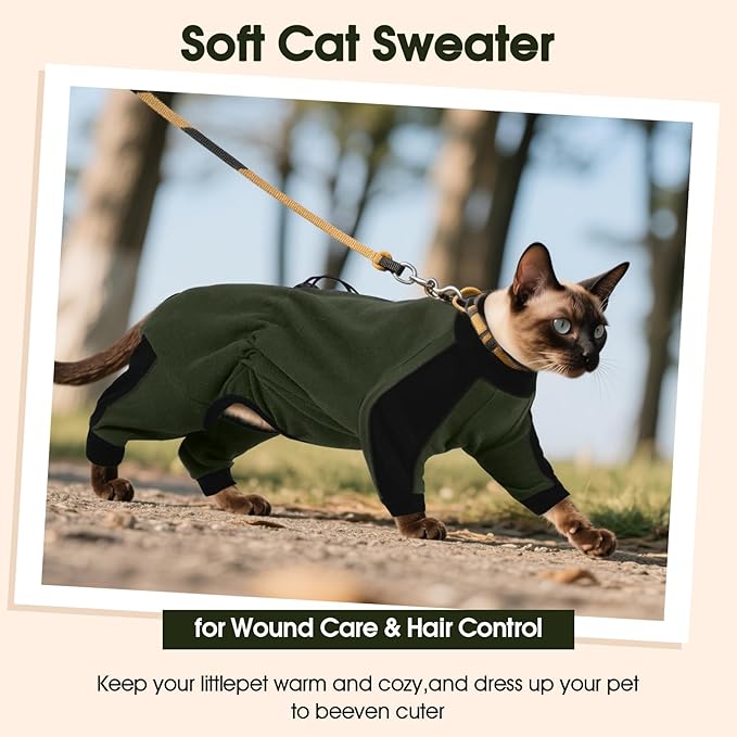 DENTRUN Cat Clothes with Anti-Shedding Fabric - Soft Recovery Suit & Breathable Lint-Resistant Cat Sweater for Wound Care & Hair Control, Kitten Onesie Pajamas, S, Army Green