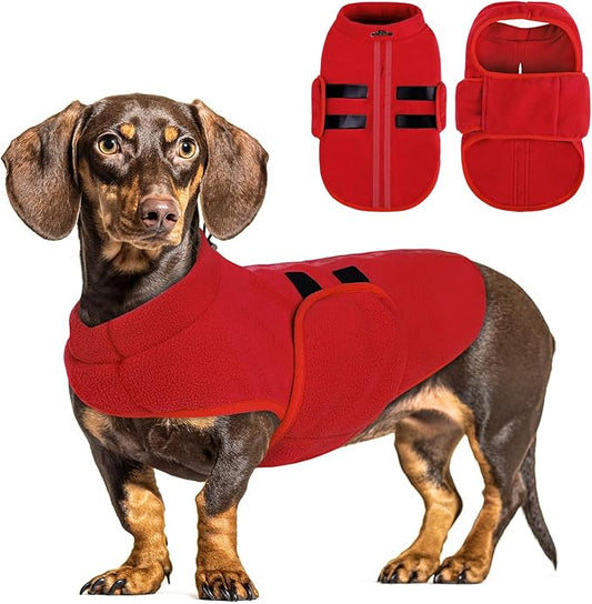 Queenmore Small Dog Sweaters, Soft Fleece Vest Pullover Dog Jacket with Leash Hole, Warm Winter Dog Clothes Cold Weather Doggy Dachshund Sweater for Small Dogs Cats Boy or Girl (Red, S)