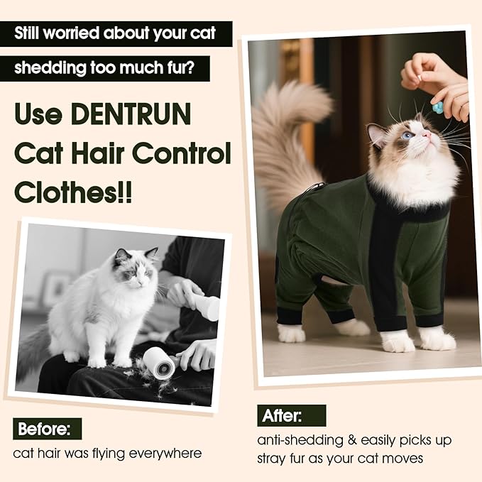 DENTRUN Cat Clothes with Anti-Shedding Fabric - Soft Recovery Suit & Breathable Lint-Resistant Cat Sweater for Wound Care & Hair Control, Kitten Onesie Pajamas, M, Army Green