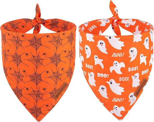 ADOGGYGO Halloween Dog Bandana, Spider Web Ghost Pet Scarf, Premium Durable Fabric, Orange Halloween Bandanas for Small Dogs Cats Puppies (Small)