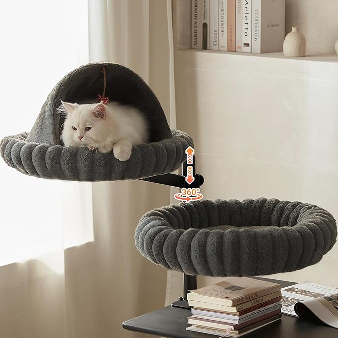 Dogpals 2-in-1 Cat Desk Bed: 360° Rotating & Height Adjustable Cat Tree with Semi-Enclosed & Open Layers, No-Drill Clamp for Desk up to 1.18" Thick, Supports 9lbs for Office