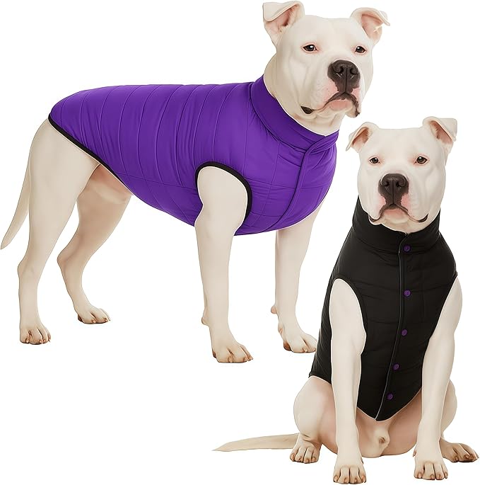 LovinPet Reversible Dog Puffer Coat for Medium & Large Dogs, Down‑Insulated Winter Jacket, Water‑Resistant & Wind‑Resistant, Anti‑Static, Dual-Sided Purple & Black for Cold Weather,L