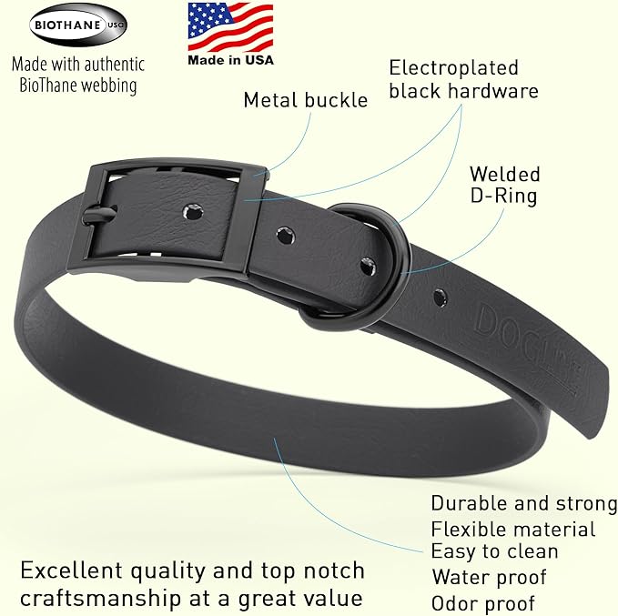 Dogline Biothane Coated Webbing Dog Collar with Black Metal Hardware: Durable Easy-Clean Everyday Collar for Dogs - Comfortable Adjustable Odor-Resistant Pet Collar, W3/4" x L15-18, Black