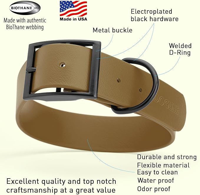 Dogline Biothane Coated Webbing Dog Collar with Black Metal Hardware: Durable Easy-Clean Everyday Collar for Dogs - Comfortable Adjustable Odor-Resistant Pet Collar, W1.5 x L24-28", Coyote Brown