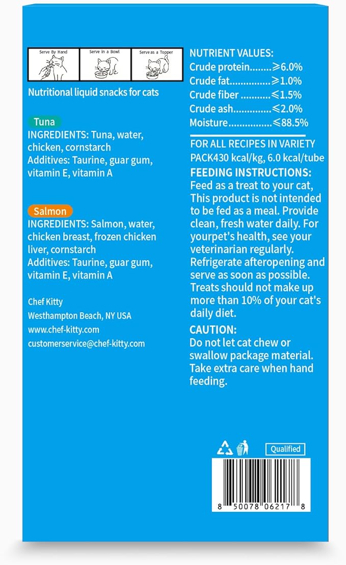 Chef Kitty Purée Pops, Cat Treats, Grain-Free, Lickable, Squeezable Creamy Cat Treat/Topper with Vitamin E & Taurine, 0.5 Ounces Each Tube, 20 Tubes, Seafood Mix Variety